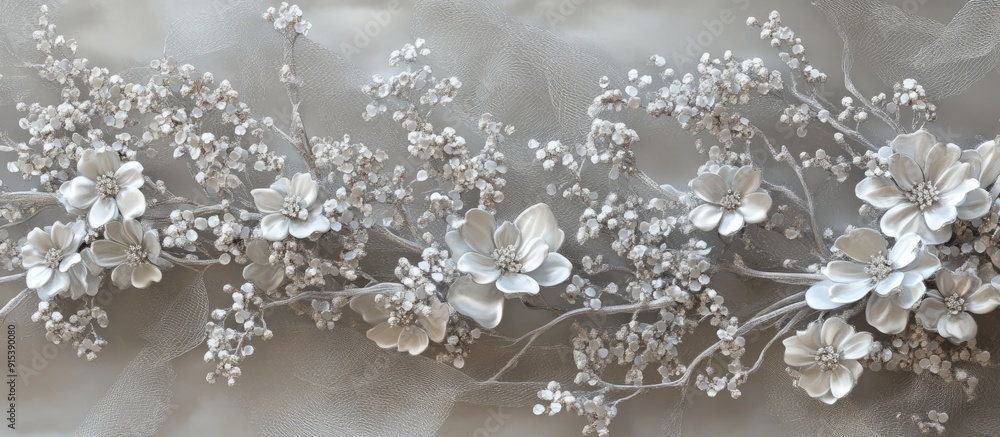 Poster silver lace adorned with clusters of small white flowers. with copy space image. place for adding te