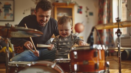 Naklejka premium A man and a baby are playing drums together in a living room