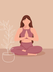 Woman sitting in lotus position practicing yoga. Vector illustration.