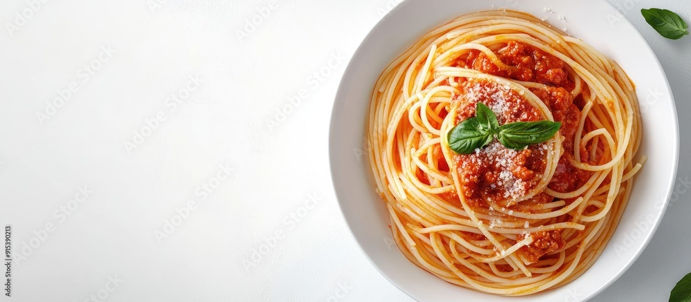 Poster italian cuisine spaghetti with bolognese sauce in a white pasta bowl. with copy space image. place f