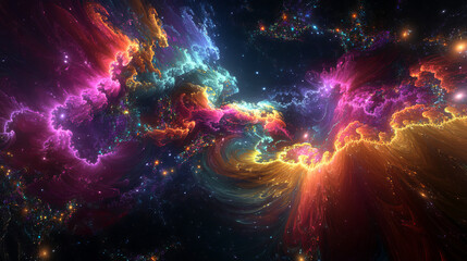 Multi-layered fractal design with vibrant, shifting colors, expanding and contracting against a backdrop of infinite, black space dotted with clusters of bright stars and swirling galaxies 