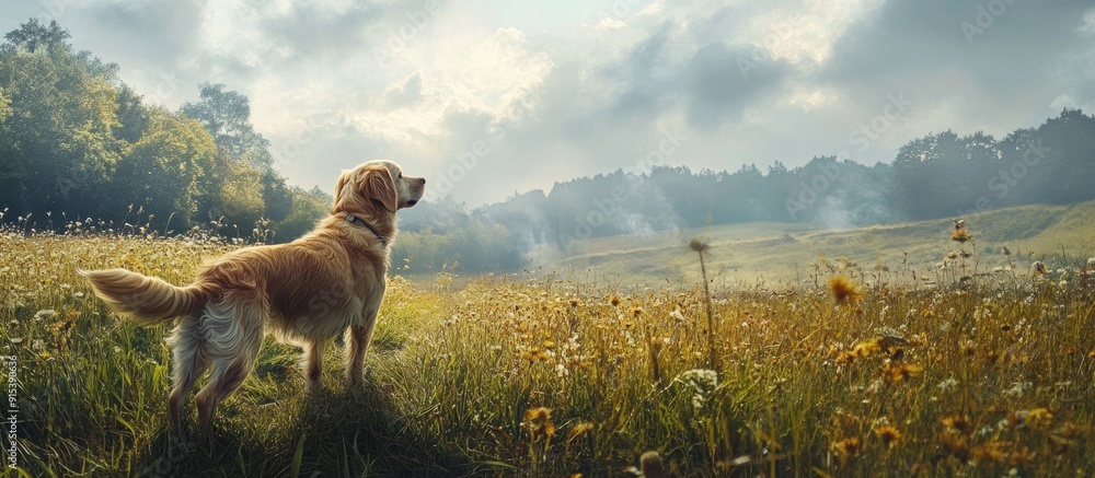 Aufkleber dog strolling through a summer meadow. with copy space image. Place for adding text or design