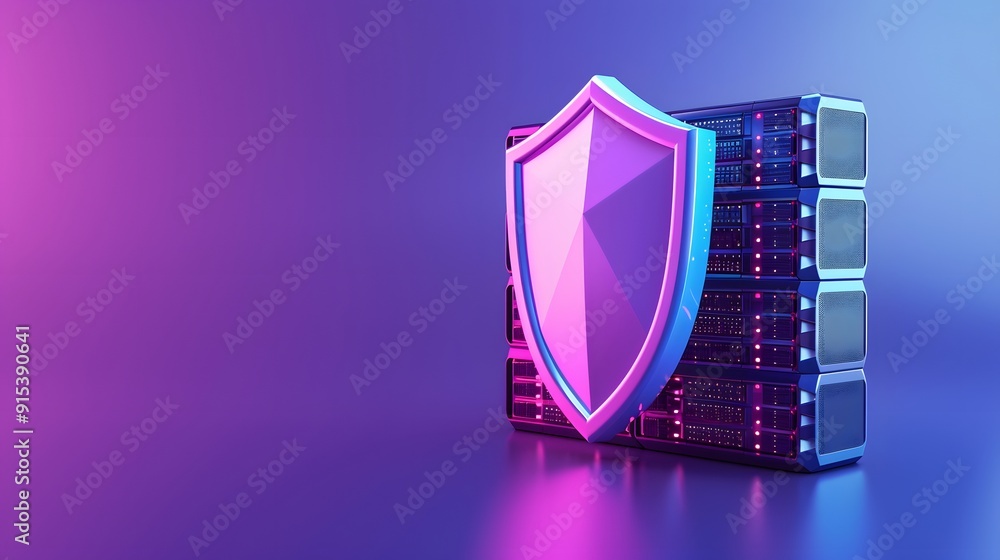 Poster digital data security concept with shield and server in neon lights. data protection, cybersecurity,