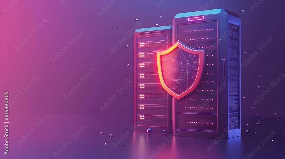Poster digital illustration of server racks protected by a shield, representing data security and cybersecu