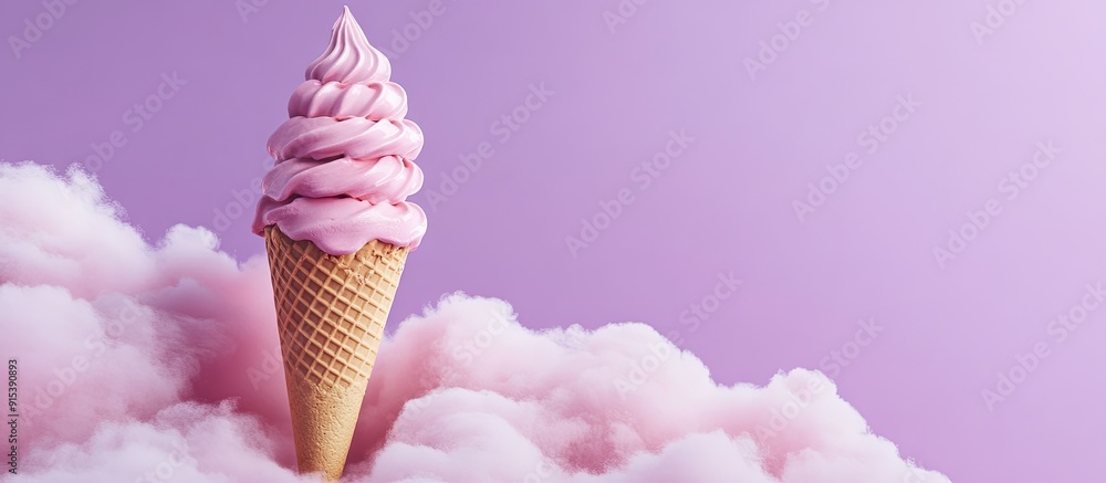 Leinwandbilder Creative concept featuring an ice cream cone and soft clouds against a purple background. with copy space image. Place for adding text or design