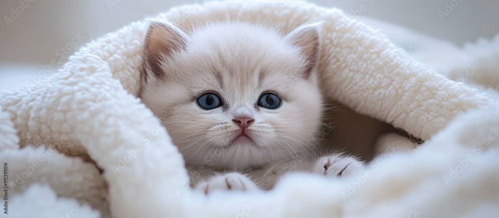 Poster cute british shorthair kitten with blue eyes and a pink nose on a soft white blanket. with copy spac