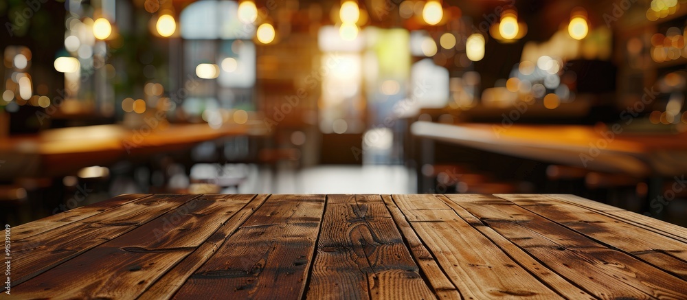 Poster selected focus on an empty brown wooden table with a blurred coffee shop background featuring bokeh 