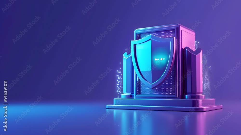 Poster digital security concept with 3d shield and server on blue background, representing data protection 
