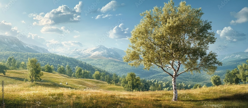 Leinwandbilder birch tree located in the summer hilly landscape. with copy space image. place for adding text or de