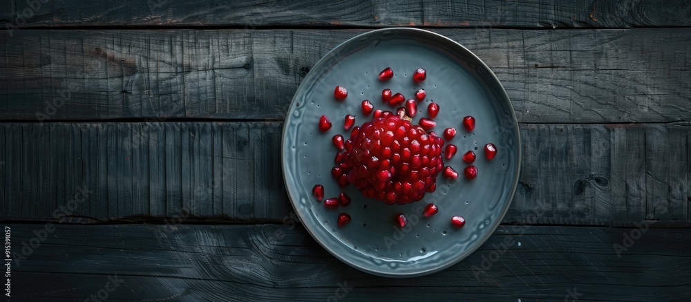Poster succulent pomegranate with seeds on a plate atop a dark wooden table from a top view copyspace