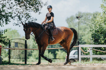 Young rider riding a horse in an outdoor equestrian arena on a sunny day, demonstrating equestrian skills and horseback riding.