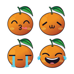 Vector set of cute Orange fruit emojis. Isolated on white background. Kawaii cartoon smiling Oranges.
