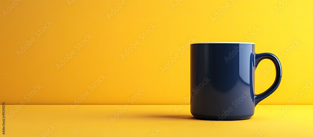 Poster Blue mug set against a yellow background. with copy space image. Place for adding text or design