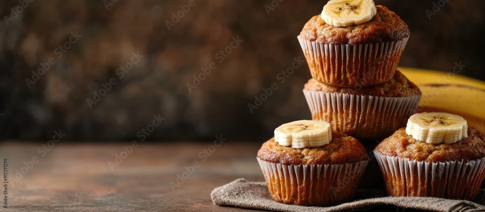 Poster homemade banana muffins are stacked on a brown background a healthy vegan dessert close up with sele
