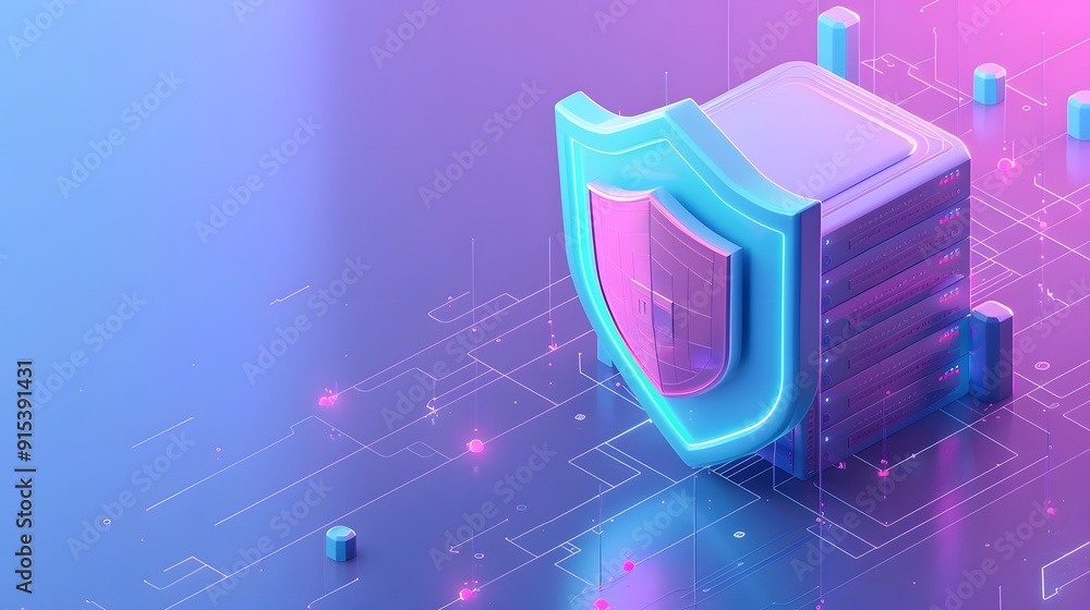 Poster digital security concept with a shield icon and data storage server, representing cybersecurity and 
