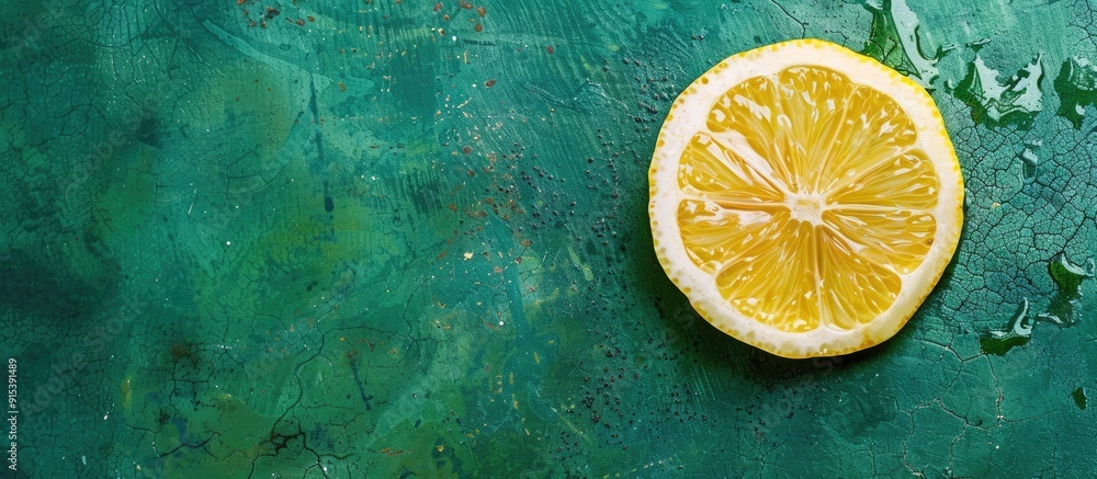 Poster a round slice of fresh ripe lemon on a green table in the kitchen copy space for your text top view 