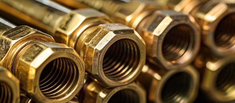 Brass adapters with varying diameters for connecting the hose and thread. with copy space image. Place for adding text or design