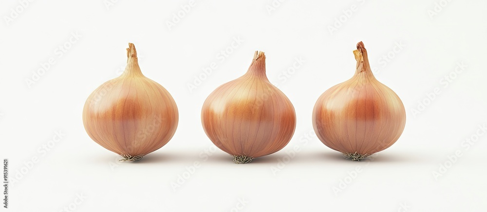 Poster three onions set against a white background. with copy space image. place for adding text or design