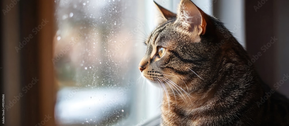 Poster Close up of a domestic tabby cat sitting by the window in the sunlight High quality photo. with copy space image. Place for adding text or design