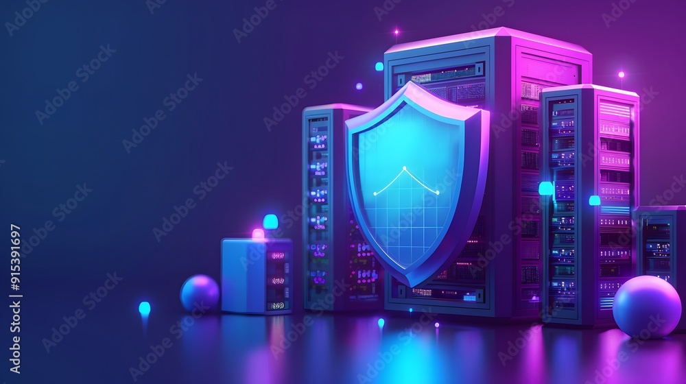 Poster digital security concept with server racks and shield. futuristic data protection illustration with 