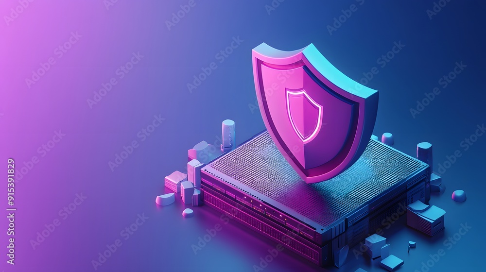 Poster digital security concept with shield icon on a processor, representing data protection and safe tech