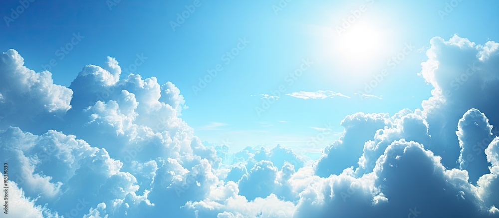 Poster Deep blue sky with fluffy clouds. with copy space image. Place for adding text or design