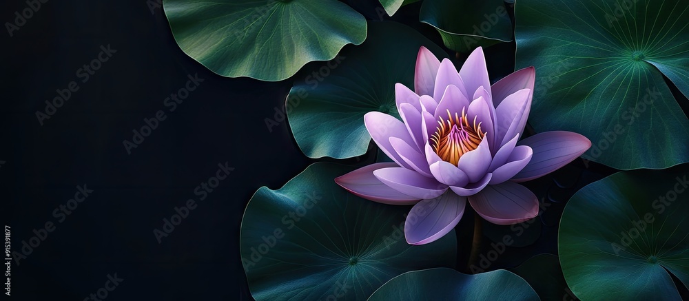 Poster blooming purple lotus flower alongside green leaves with a dark background. with copy space image. p