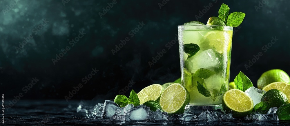 Aufkleber lime mojito in a clear glass against a dark background surrounding it are fresh lime slices ice and 