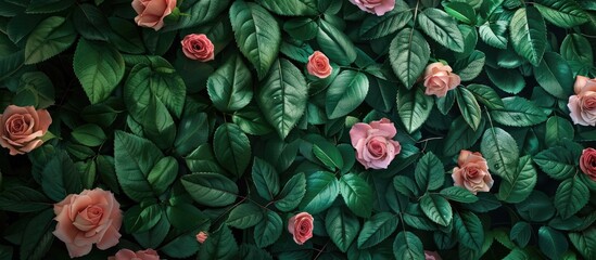 Fototapeta premium Green rose leaves on a pink backdrop Includes copy space for your text