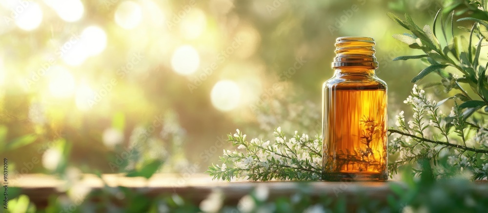 Poster Tea tree essential oil in a small bottle Focused on the details Nature. with copy space image. Place for adding text or design