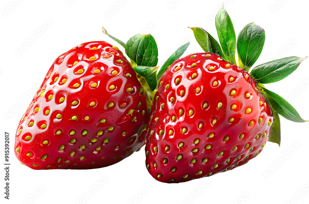 Poster two strawberries isolated on transparent background. full depth of field.