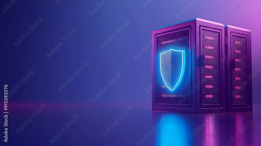 Poster digital server room with cybersecurity shield icon, representing data protection, network security, 