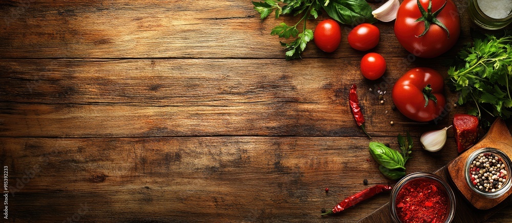 Aufkleber Cooking food ingredients on a wooden background. with copy space image. Place for adding text or design