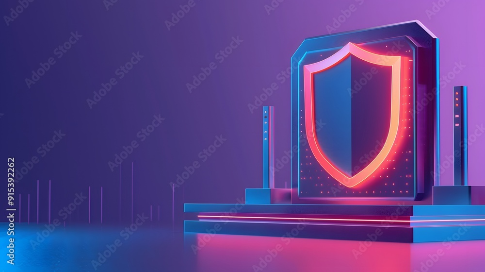 Poster digital shield and glowing lights suggesting cyber security and network protection. futuristic conce
