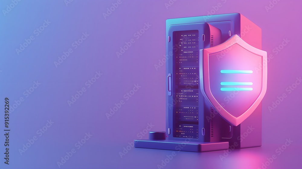 Poster digital server with neon shield on gradient background symbolizing cybersecurity, data protection, a