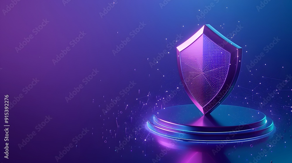 Poster digital shield concept on a futuristic platform with a neon glow, symbolizing cybersecurity and data
