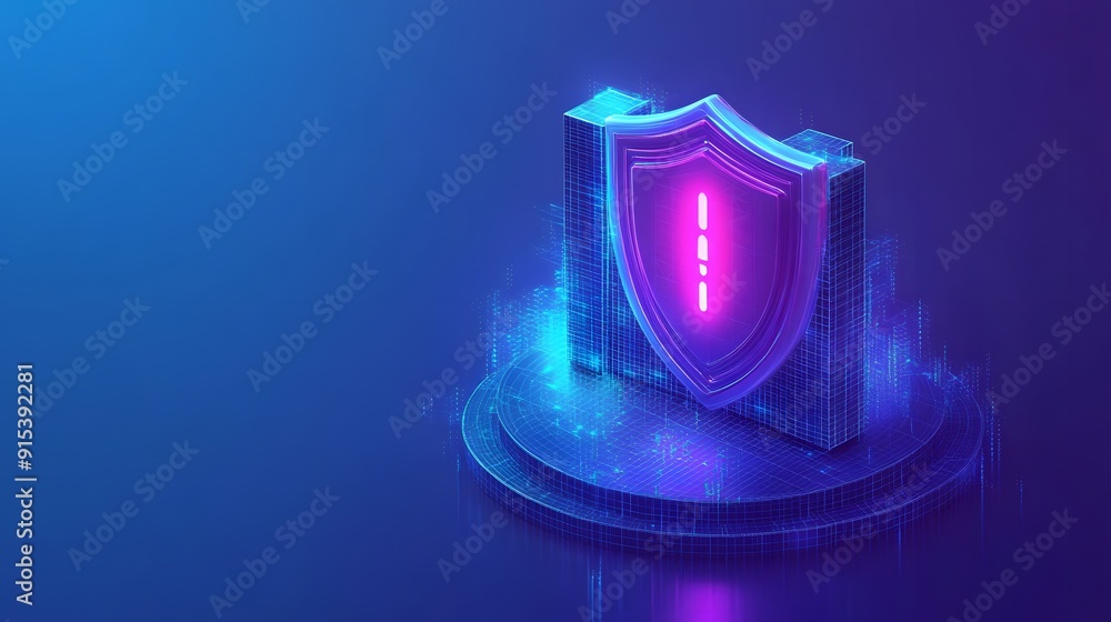 Poster digital shield hologram with neon lights, symbolizing network security and data protection in a futu