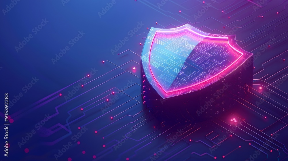 Poster digital shield icon glowing on electronic circuit background, representing cybersecurity and data pr