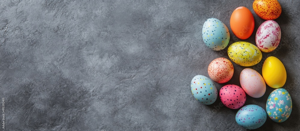 Aufkleber arrangement of easter painted eggs on a gray stone textured background copy space top view