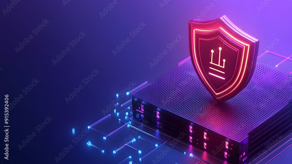 Poster digital shield icon over microchip, representing cybersecurity and data protection in modern technol