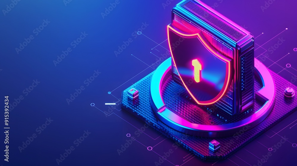 Poster digital shield icon representing cybersecurity and data protection in a futuristic tech environment 