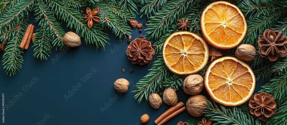 Aufkleber christmas backdrop featuring fir branches spices nuts and dried orange slices vertical top view with