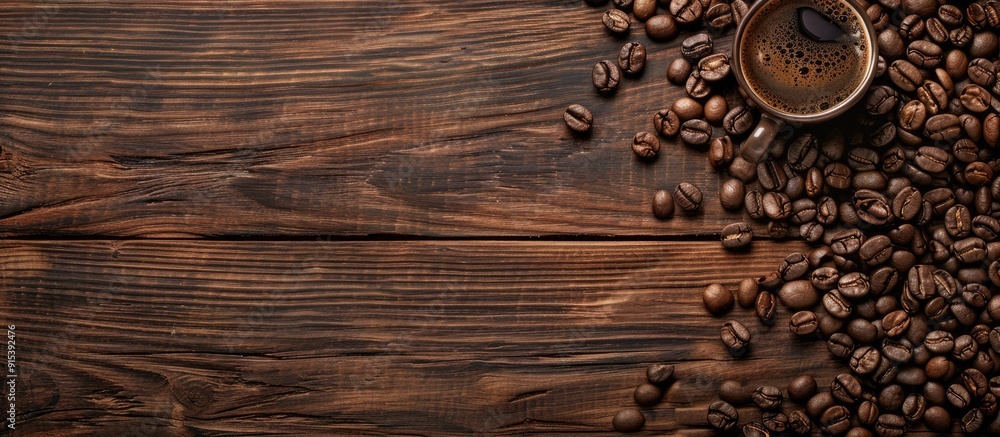 Poster Cup filled with coffee roasted beans on a wooden table top view aromatic drink ingredient background. with copy space image. Place for adding text or design