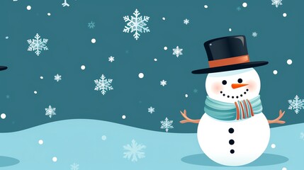 Cute snowman with a top hat and scarf on a blue background with snowflakes