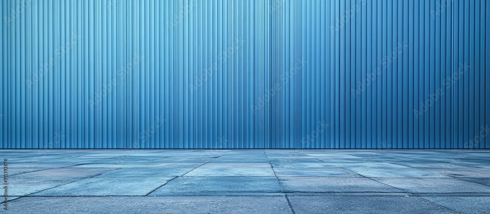 Poster blue aluminum cladding wall with vertical stripes and a porphyry pavement in the foreground backgrou