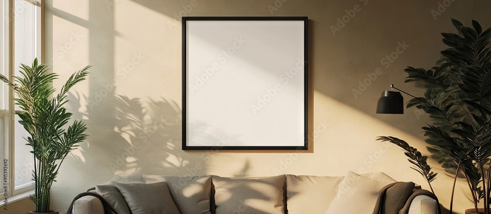 Fototapete Photo frame mockup displayed on a wall with a shadow Minimalist backdrop Empty picture frame mockup in a living room setting. with copy space image. Place for adding text or design