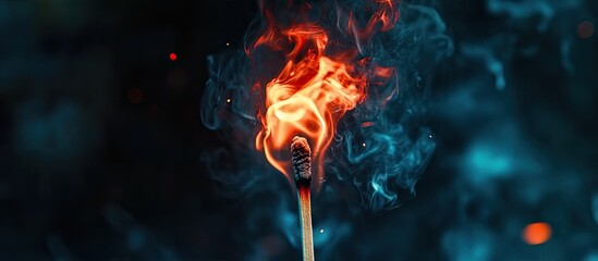 A burning match producing blue smoke against a black background. with copy space image. Place for adding text or design