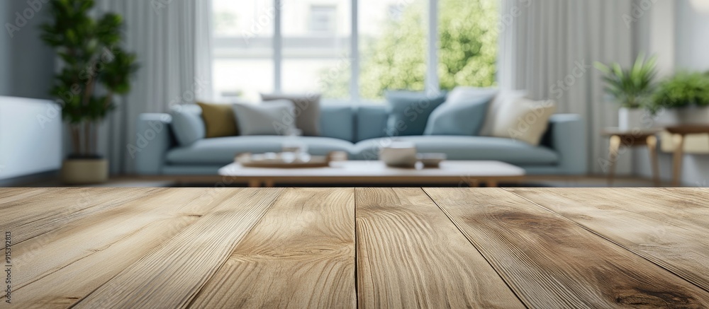 Aufkleber Modern minimalist Scandinavian living room viewed through a blurred wooden tabletop ideal for advertising and product displays. with copy space image. Place for adding text or design