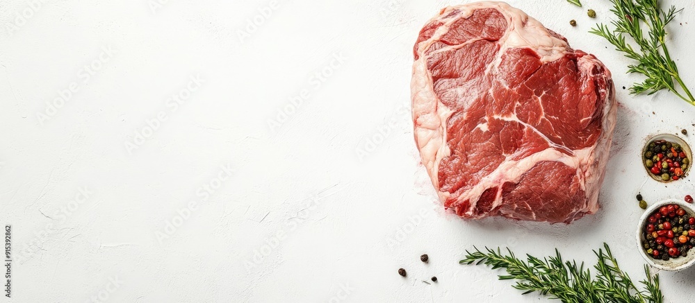 Poster raw pork shoulder on a butcher table white background top view copy space