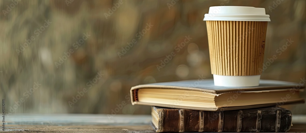 Poster Coffee in a disposable cup next to a stack of books on the table close up with space for text. with copy space image. Place for adding text or design